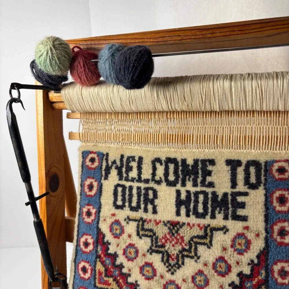 Miniature Welcome to Our Home‎ Tapestry Rug on Wooden Loom Display